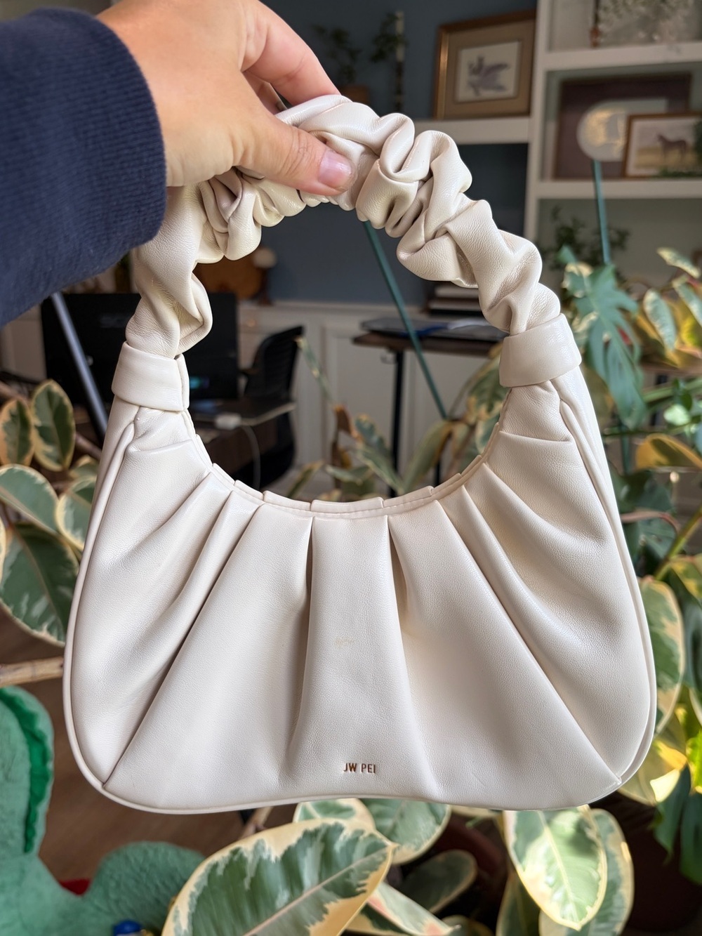 JW PEI Ivory Cream Ruched Shoulder Bag Pleated Vegan Leather Scrunch Handle